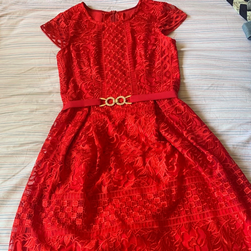 Red lace dress with belt